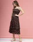 Brown  Black Ethnic Motifs Printed Smocked Tiered A-Line Dress