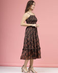 Brown  Black Ethnic Motifs Printed Smocked Tiered A-Line Dress