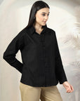 Women Black Opaque Cotton Casual Buttoned Top