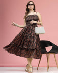 Brown  Black Ethnic Motifs Printed Smocked Tiered A-Line Dress
