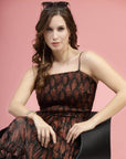 Brown  Black Ethnic Motifs Printed Smocked Tiered A-Line Dress