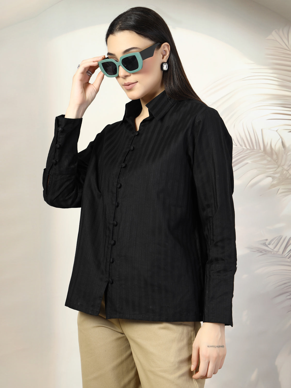Women Black Opaque Cotton Casual Buttoned Top