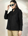 Women Black Opaque Cotton Casual Buttoned Top