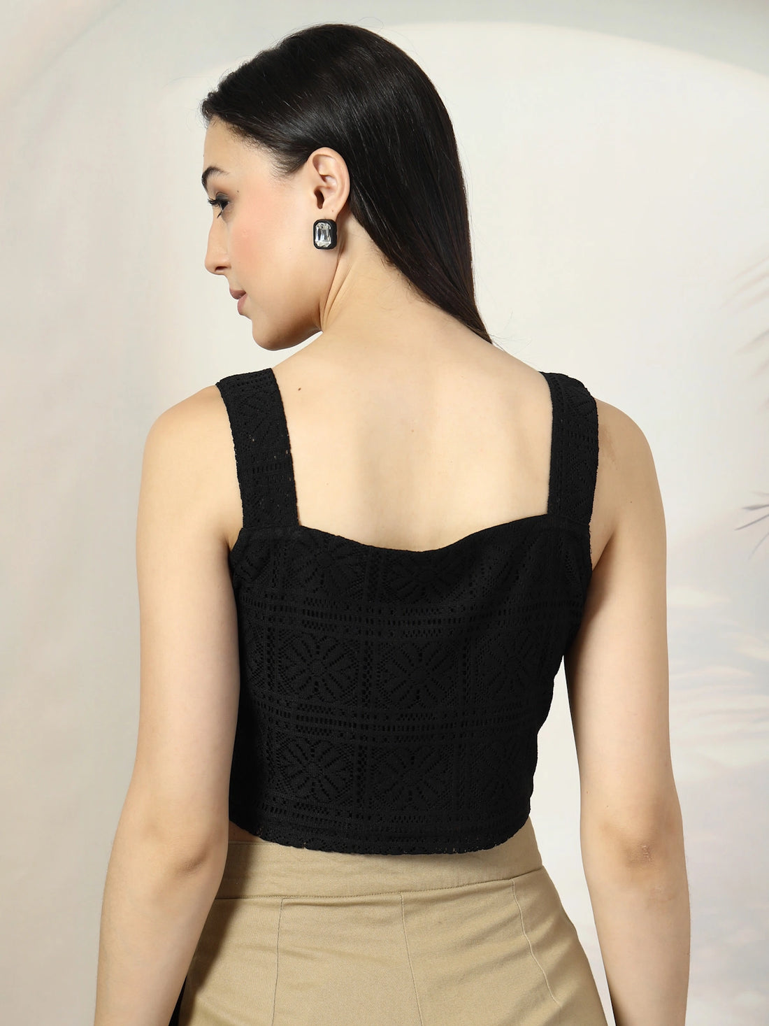 Women Black Solid Square Neck Sleeveless Cotton Top