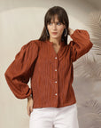 Striped Mandarin Collar Shirt Style Polyester Top