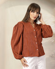 Striped Mandarin Collar Shirt Style Polyester Top