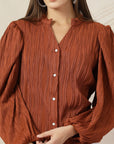 Striped Mandarin Collar Shirt Style Polyester Top