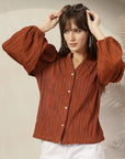 Striped Mandarin Collar Shirt Style Polyester Top