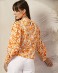 Floral Print Mandarin Collar Cotton Shirt Style Top