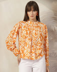 Floral Print Mandarin Collar Cotton Shirt Style Top