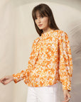 Floral Print Mandarin Collar Cotton Shirt Style Top