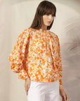 Floral Print Mandarin Collar Cotton Shirt Style Top