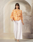 Floral Print Mandarin Collar Cotton Shirt Style Top