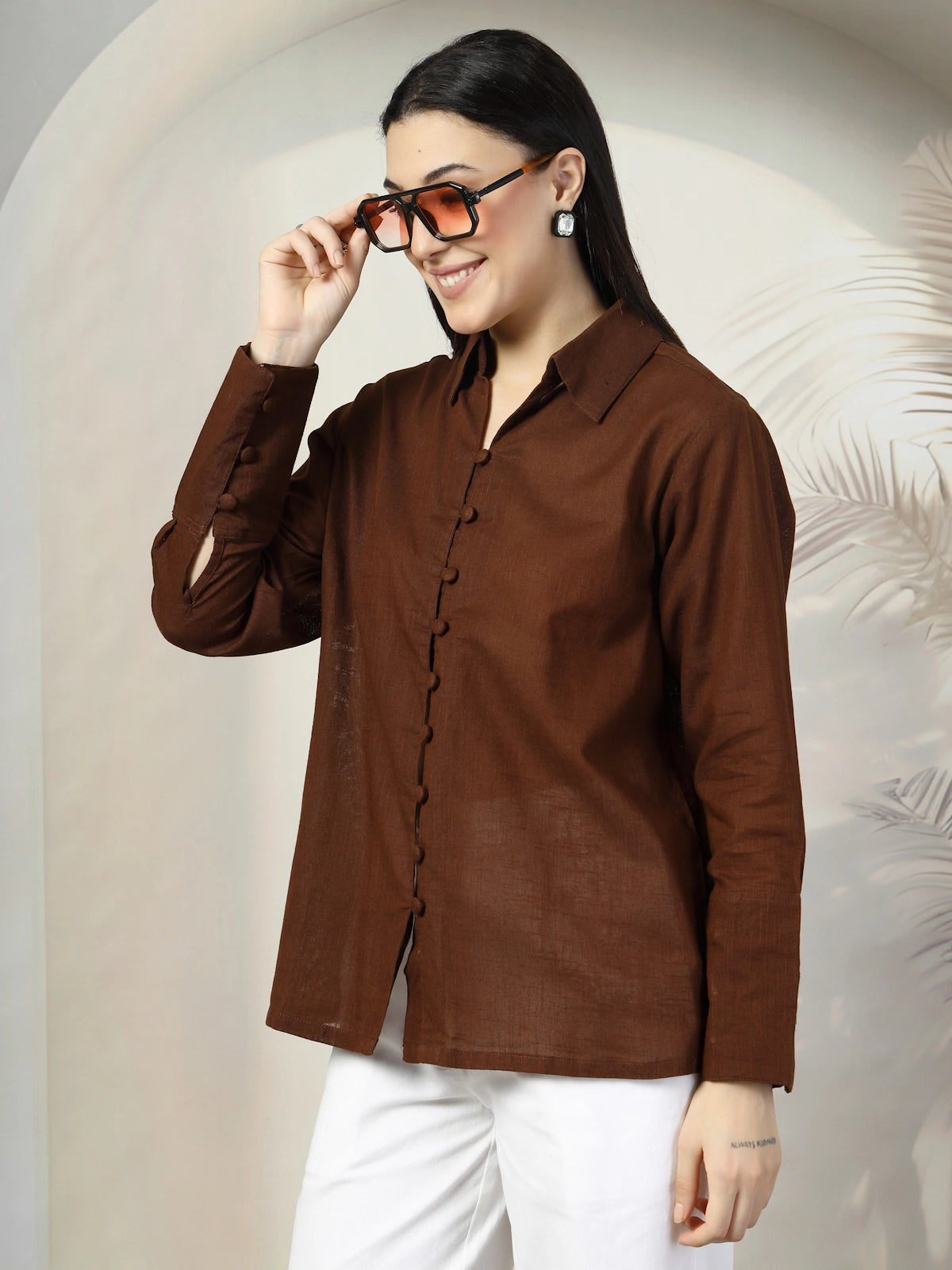 Women Brown Opaque Casual Buttoned Top