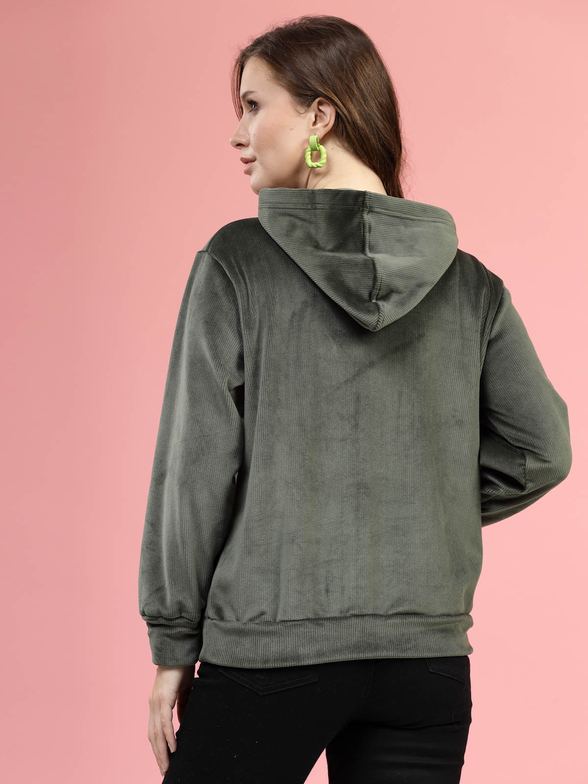 Olive Hooded Long Sleeves Pullover Sweatshirt