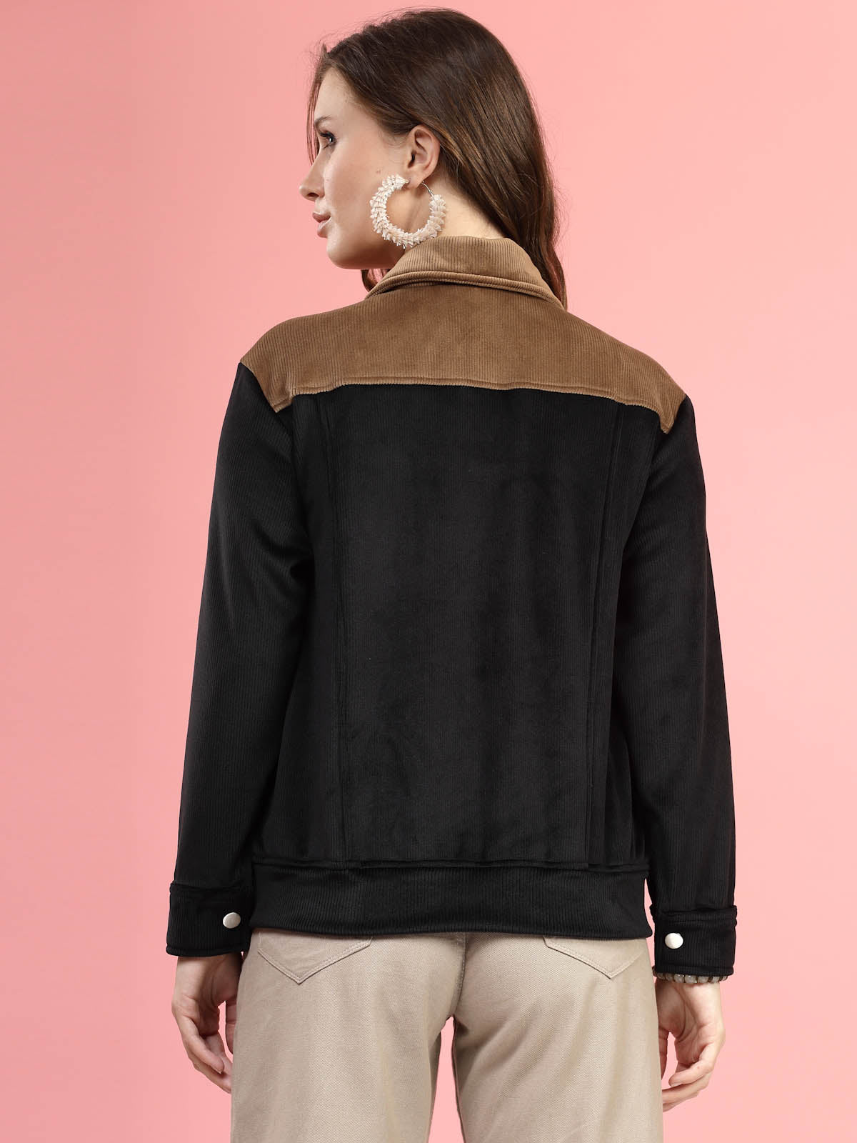 Black Self Design Spread Collar Bomber Jacket