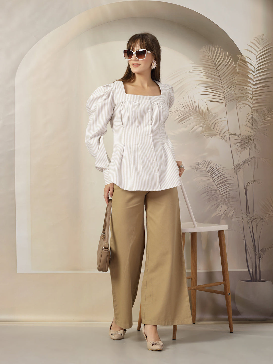 Women Opaque Striped Casual Cotton Buttoned Top