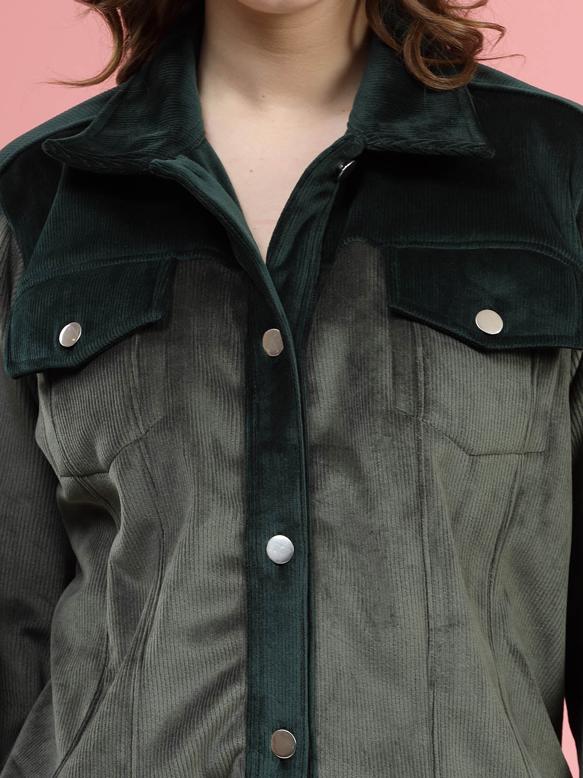 Solid Olive Self Design Spread Collar Bomber Jacket