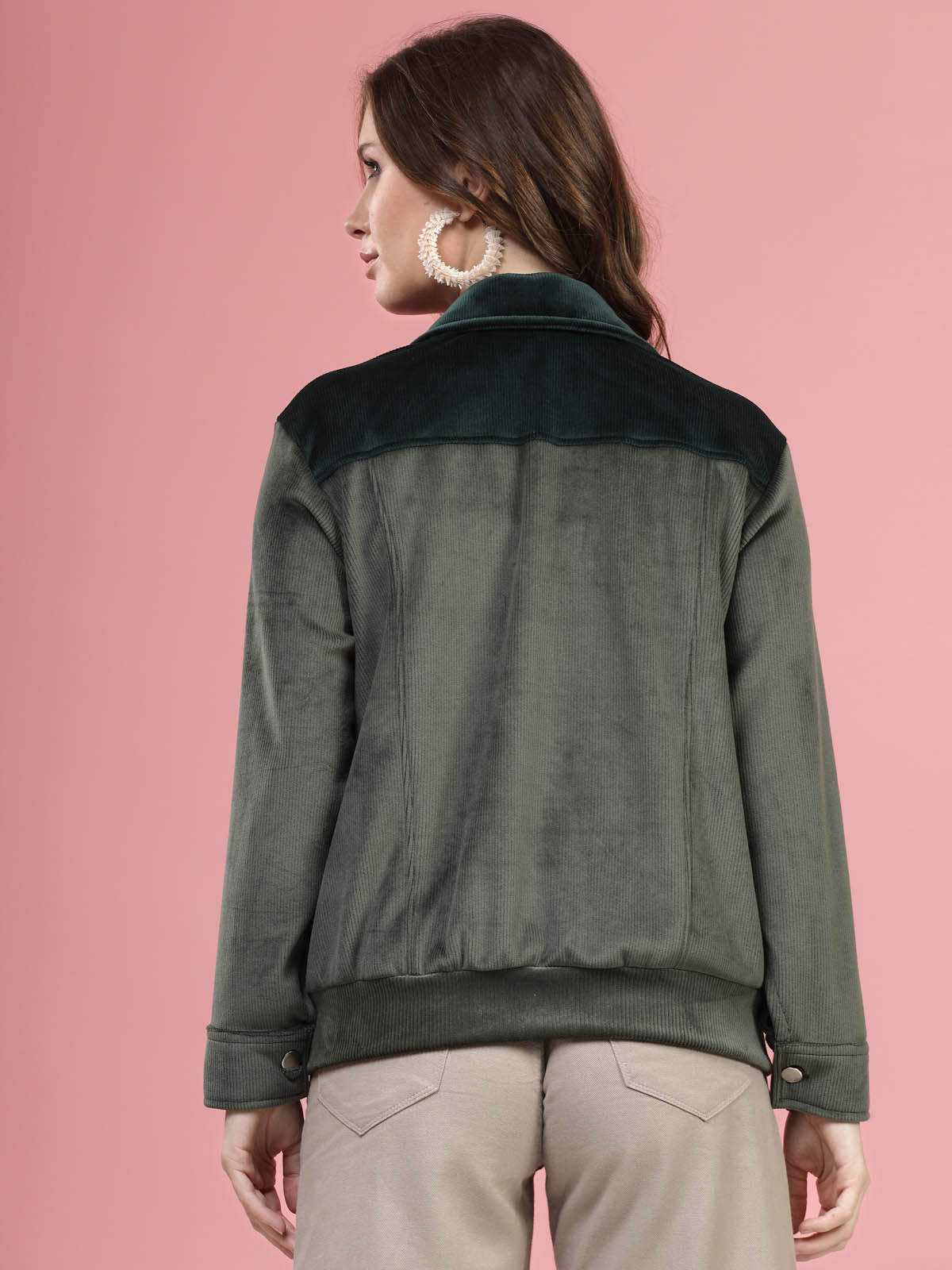 Solid Olive Self Design Spread Collar Bomber Jacket