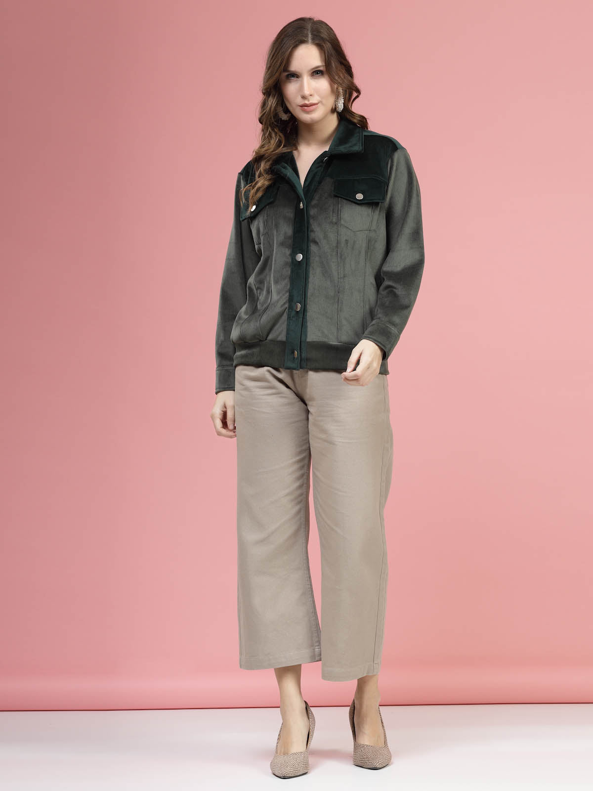 Solid Olive Self Design Spread Collar Bomber Jacket