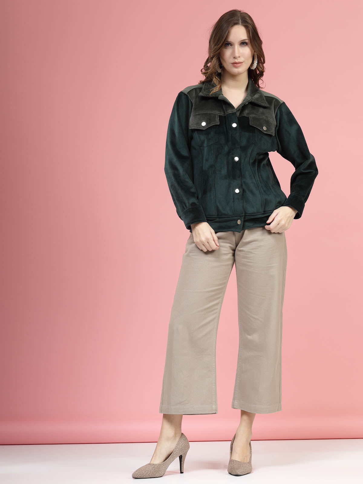 Green Self Design Spread Collar Bomber Jacket