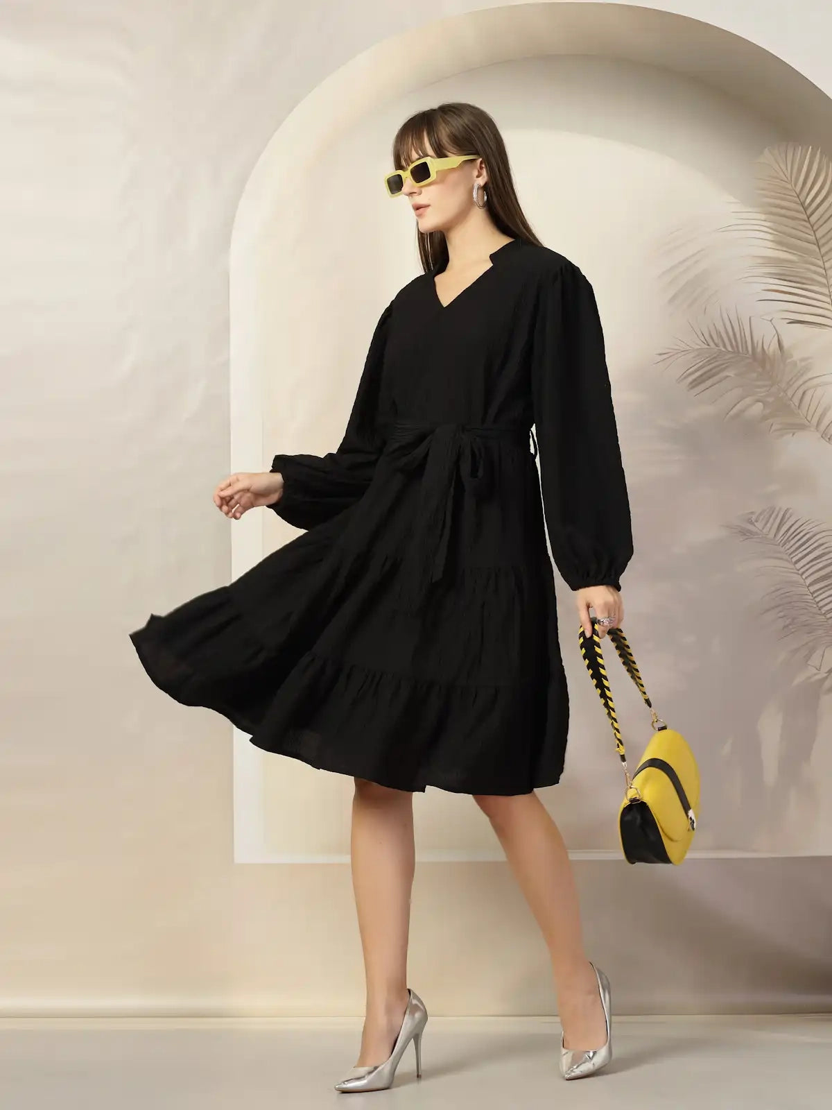 Solid Fit &amp; Flare Polyester Dress