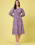 Purple Abstract Printed Round Neck Cuffed Sleeve Smocked Fit  Flare Midi Dress