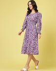 Purple Abstract Printed Round Neck Cuffed Sleeve Smocked Fit  Flare Midi Dress