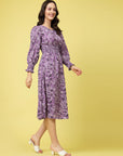 Purple Abstract Printed Round Neck Cuffed Sleeve Smocked Fit  Flare Midi Dress