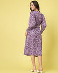 Purple Abstract Printed Round Neck Cuffed Sleeve Smocked Fit  Flare Midi Dress