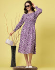 Purple Abstract Printed Round Neck Cuffed Sleeve Smocked Fit  Flare Midi Dress