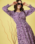 Purple Abstract Printed Round Neck Cuffed Sleeve Smocked Fit  Flare Midi Dress