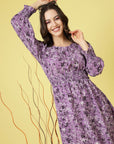 Purple Abstract Printed Round Neck Cuffed Sleeve Smocked Fit  Flare Midi Dress