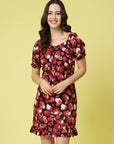 Pink  Black Floral Printed Puff Sleeves Ruffles Detail A-Line Dress