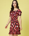 Pink  Black Floral Printed Puff Sleeves Ruffles Detail A-Line Dress