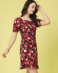 Pink  Black Floral Printed Puff Sleeves Ruffles Detail A-Line Dress