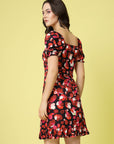 Pink  Black Floral Printed Puff Sleeves Ruffles Detail A-Line Dress