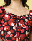 Pink  Black Floral Printed Puff Sleeves Ruffles Detail A-Line Dress