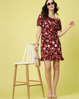 Pink  Black Floral Printed Puff Sleeves Ruffles Detail A-Line Dress