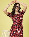 Pink  Black Floral Printed Puff Sleeves Ruffles Detail A-Line Dress