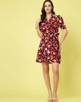 Pink Abstract Printed V-Neck Puff Sleeve Belted A-Line Dress