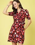 Pink Abstract Printed V-Neck Puff Sleeve Belted A-Line Dress