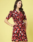 Pink Abstract Printed V-Neck Puff Sleeve Belted A-Line Dress