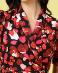 Pink Abstract Printed V-Neck Puff Sleeve Belted A-Line Dress