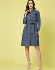 Blue Shirt Collar Cuffed Sleeve Belted Pure Cotton Shirt Dress