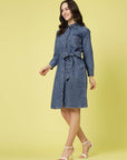 Blue Shirt Collar Cuffed Sleeve Belted Pure Cotton Shirt Dress