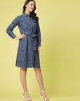 Blue Shirt Collar Cuffed Sleeve Belted Pure Cotton Shirt Dress