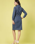 Blue Shirt Collar Cuffed Sleeve Belted Pure Cotton Shirt Dress