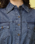 Blue Shirt Collar Cuffed Sleeve Belted Pure Cotton Shirt Dress