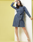 Blue Shirt Collar Cuffed Sleeve Belted Pure Cotton Shirt Dress